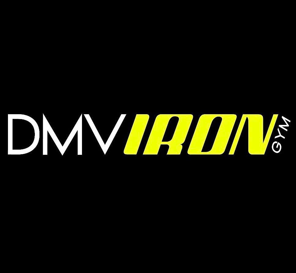 DMV Iron Gym logo in white and yellow text on a black background for a fitness center.
