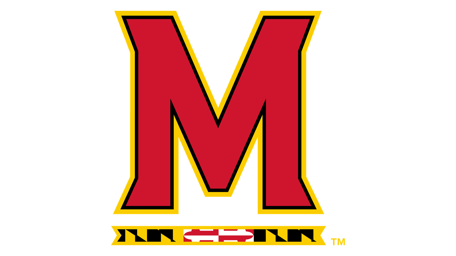 University of Maryland Terrapins bold red M logo with gold outline and state flag detail.