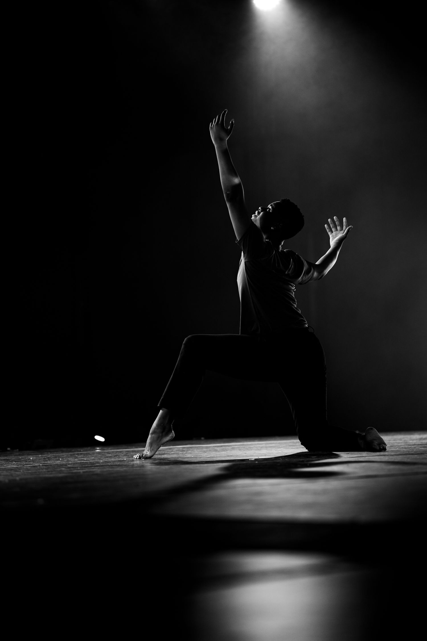 Dramatic black and white silhouette of a dancer kneeling on stage with one arm raised under a spotlight.