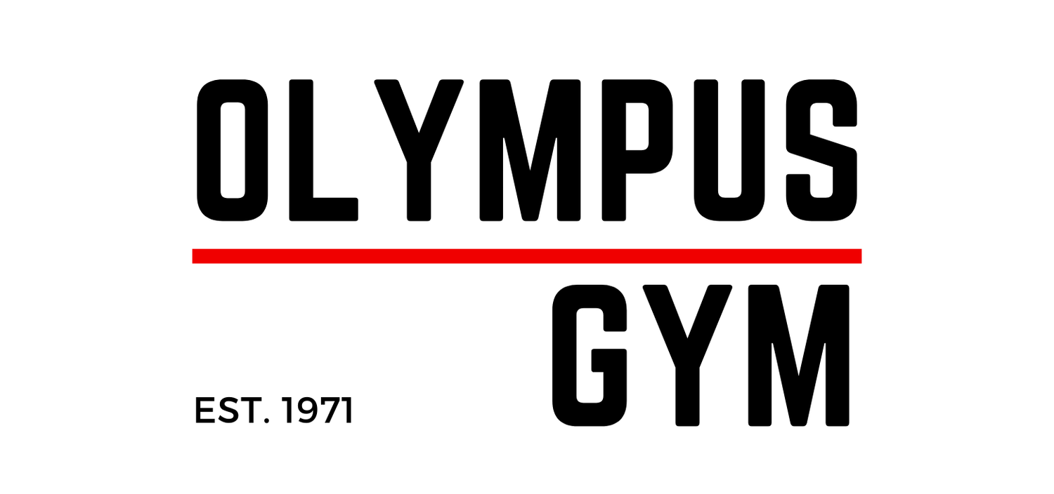 Olympus Gym established 1971 logo with bold black text and red underline on white background.