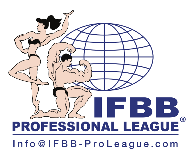 IFBB Professional League logo with globe graphic and bodybuilding figures in classic poses.