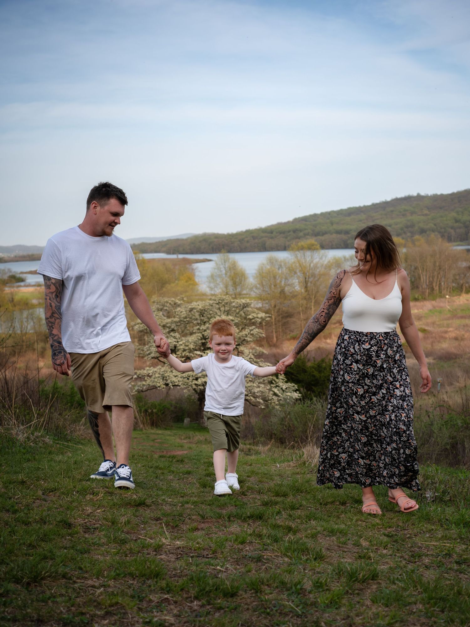 family walking with scenic views during golden hour