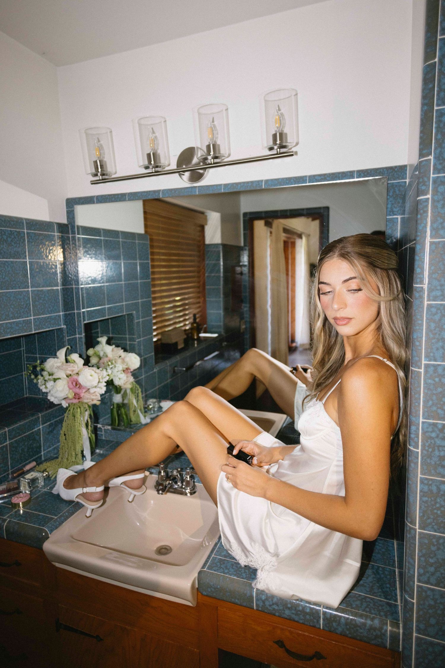 Carly Getting ready Bridal Portraits at Tivoli Italian Villa - Bride - Bathroom - Blue Tile - portrait - bridal jammies - bridal robe -