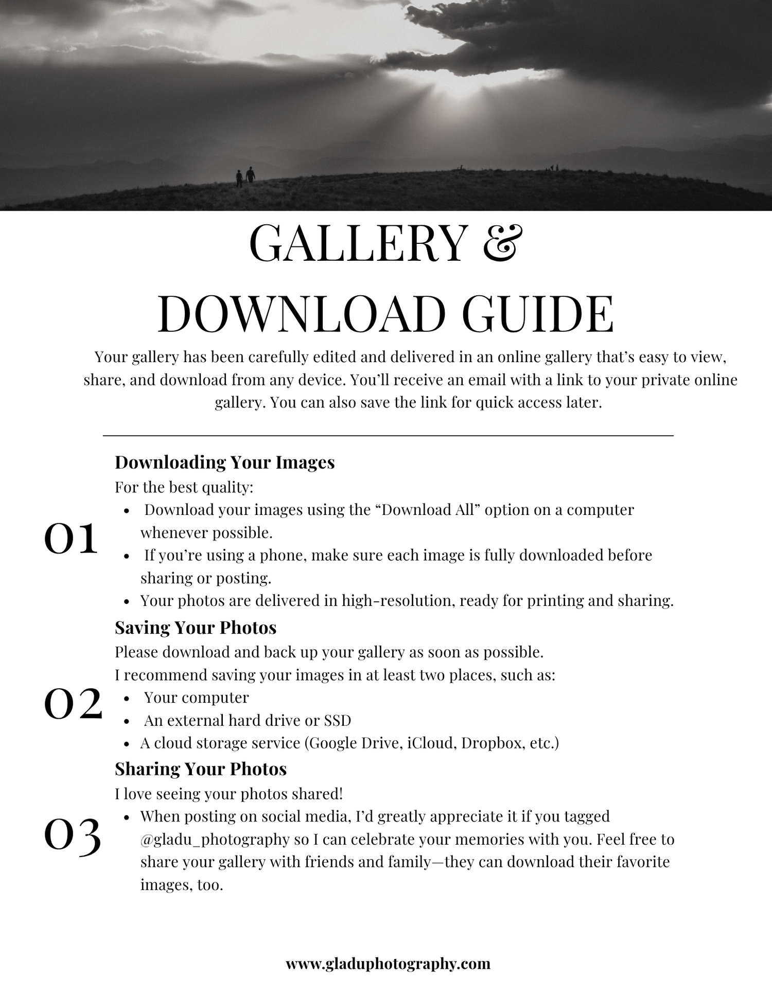A gallery and download guide document with instructions for saving and sharing high-resolution photos from an online gallery.