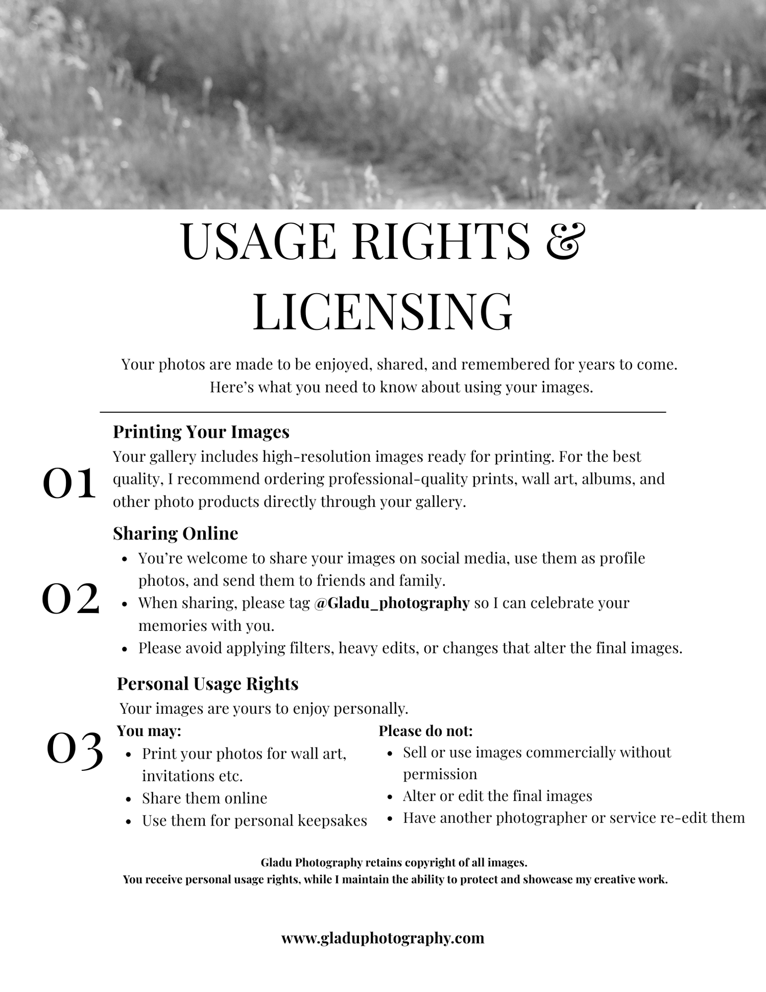 Black and white photography studio usage rights and licensing document outlining printing, sharing, and personal use policies.