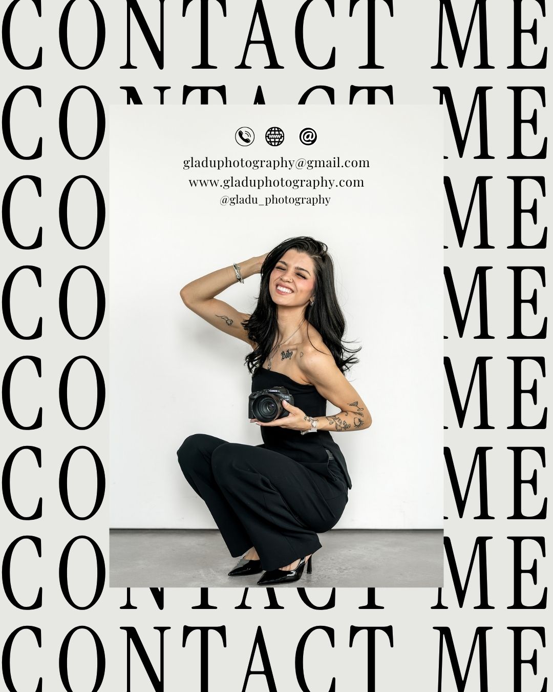 A tattooed female photographer crouches holding a camera, surrounded by bold CONTACT ME typography with email and website details.