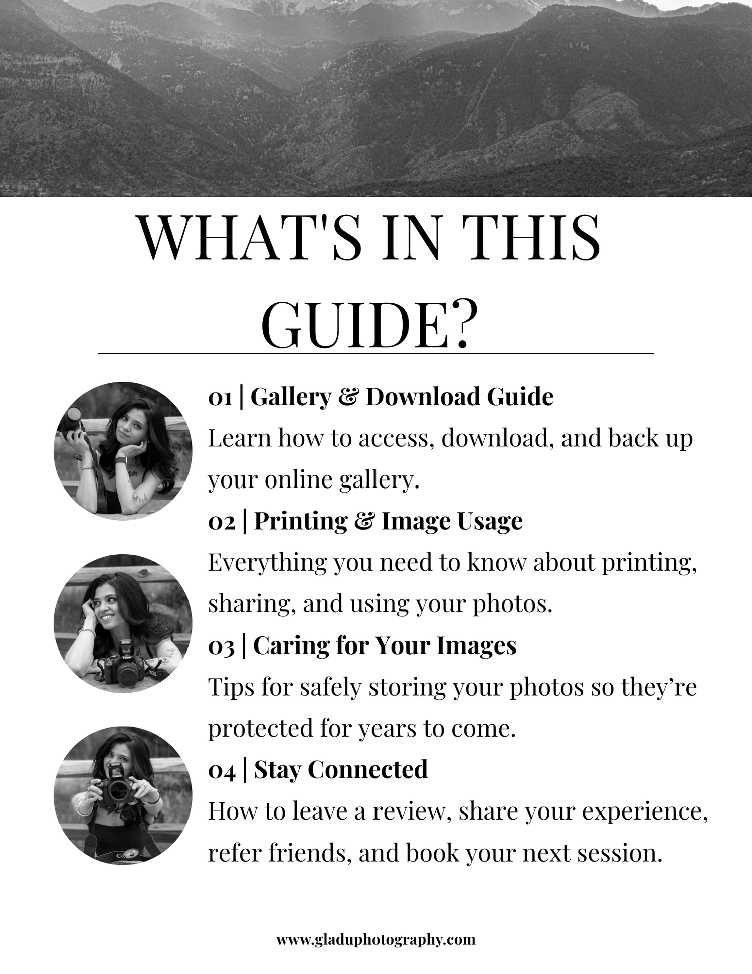 A photography client guide cover page listing gallery access, printing usage, image storage, and booking tips with circular portrait photos.