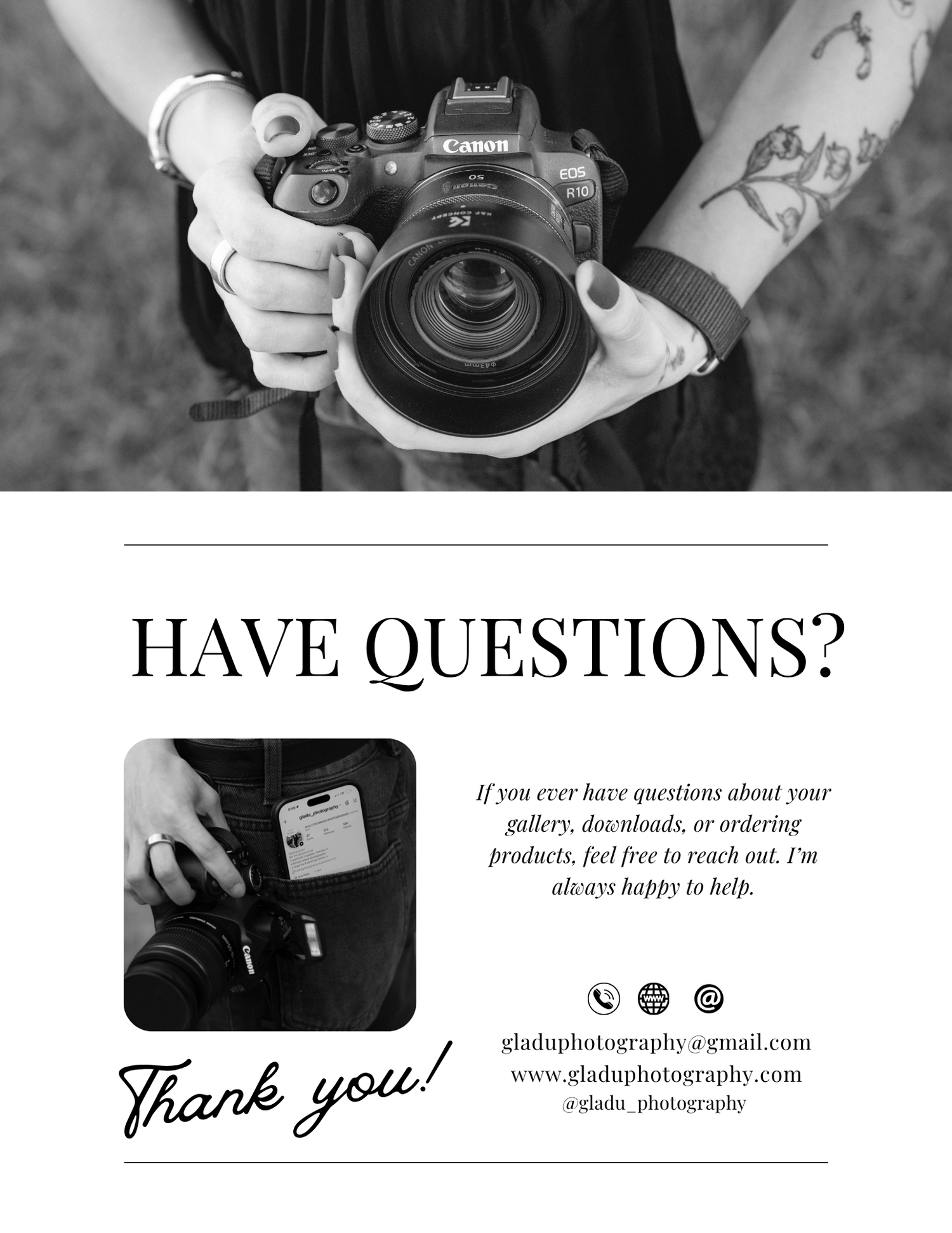 Black and white photography business card featuring a Canon camera, contact details, and a Thank You message.