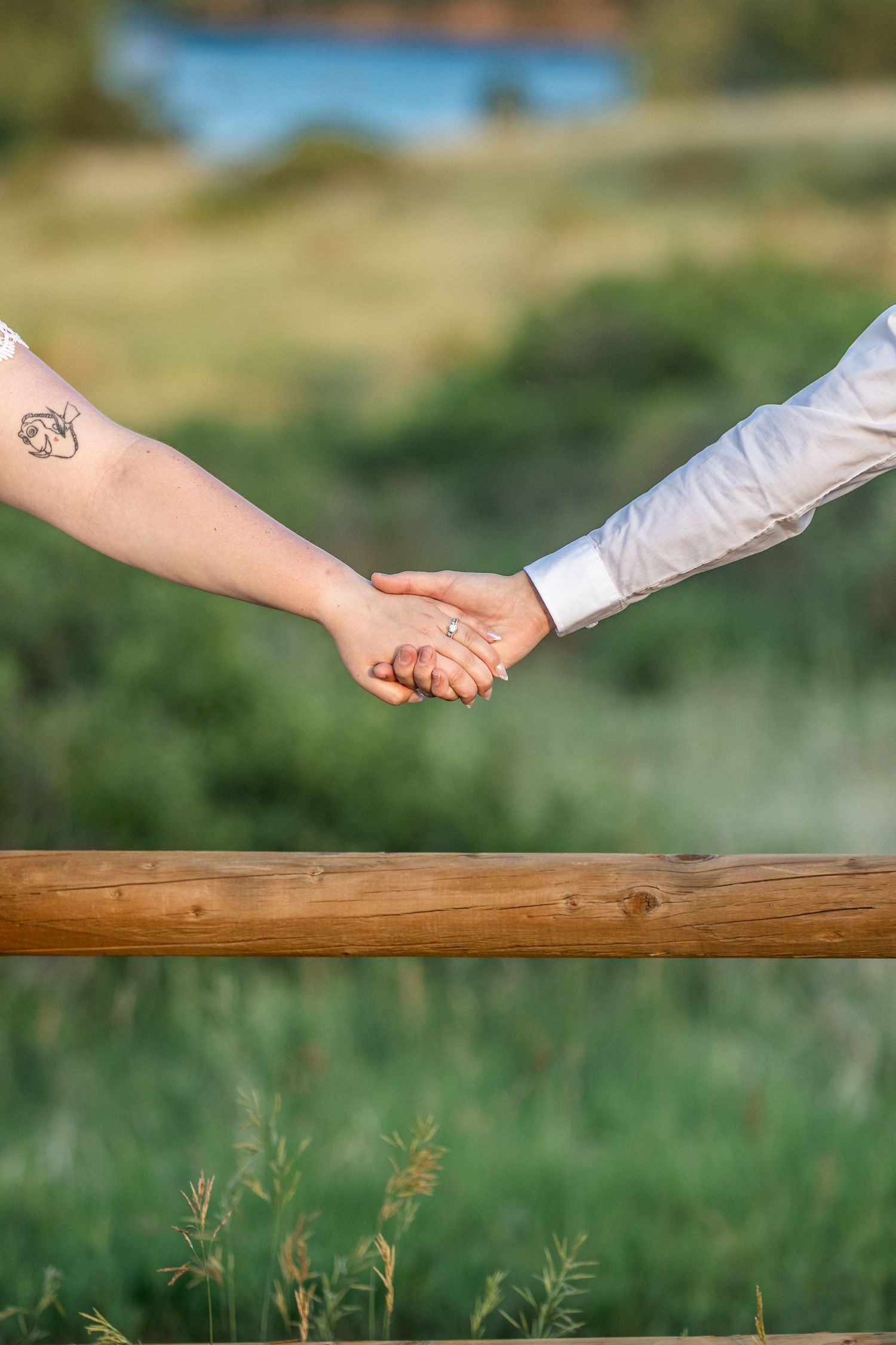 Couple holding hands outdoors near wooden fence, woman with tattoo wearing engagement ring, green field background.