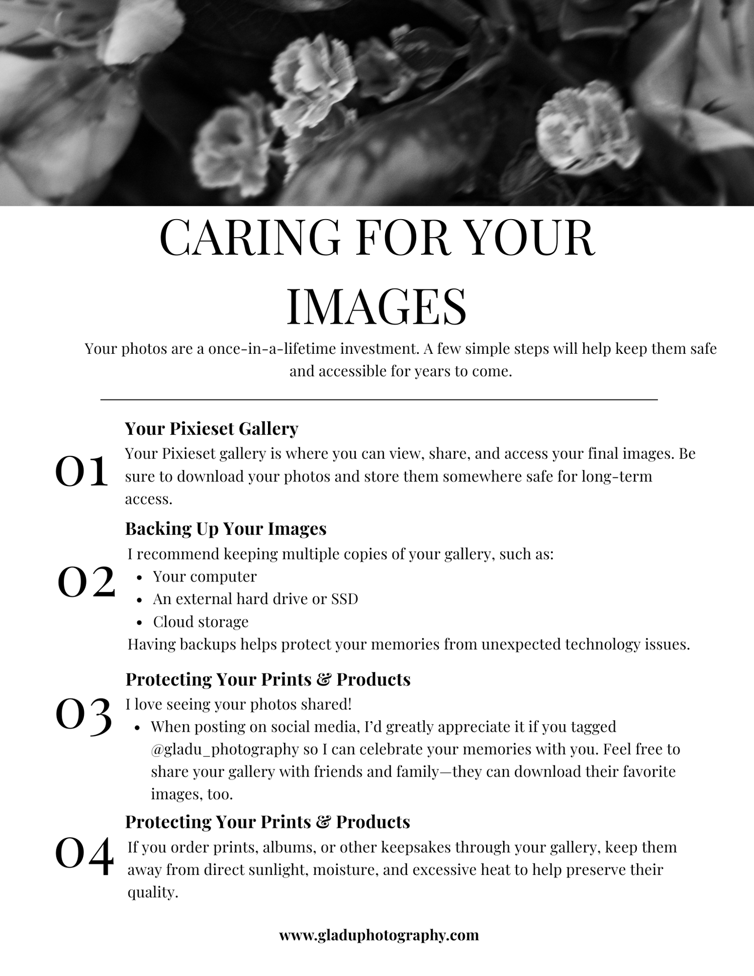 A photography care guide with tips on protecting and backing up images, featuring a floral background and elegant typography.