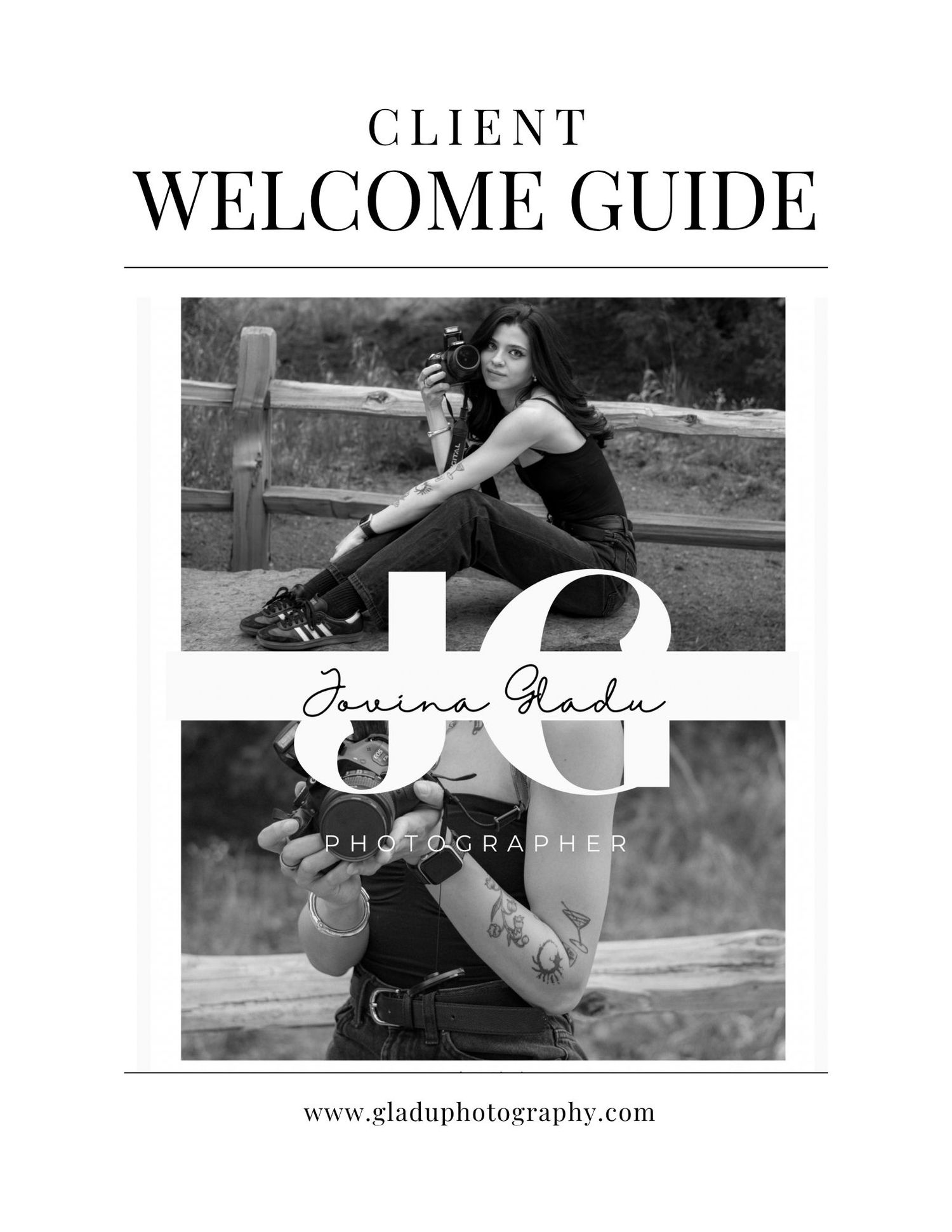 Black and white client welcome guide for Jovinia Gladu Photography featuring a female photographer posing with her camera.