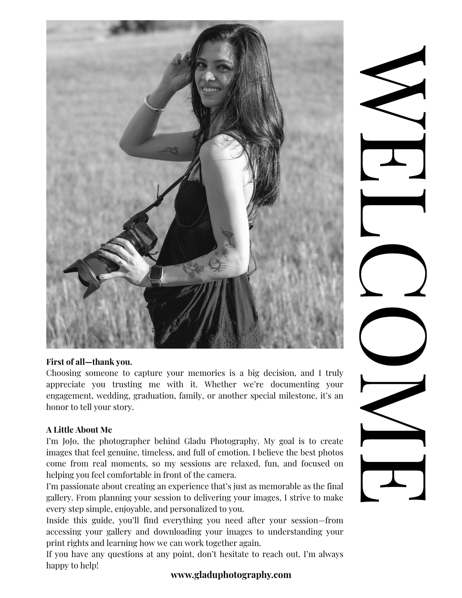 A welcome guide for Gladio Photography featuring a woman posing outdoors, introducing the photographer and their session process.