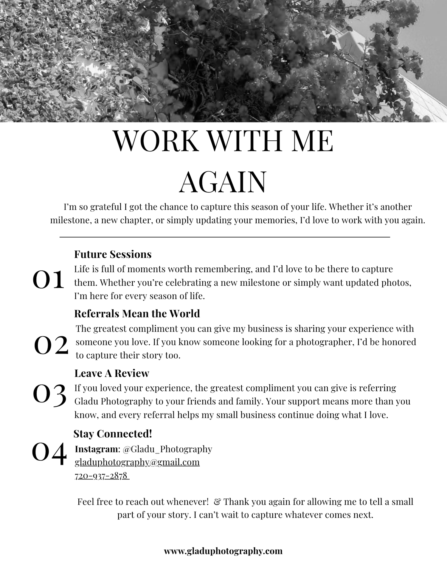 A white flyer for Gladu Photography titled Work With Me Again featuring client referral and session booking information.