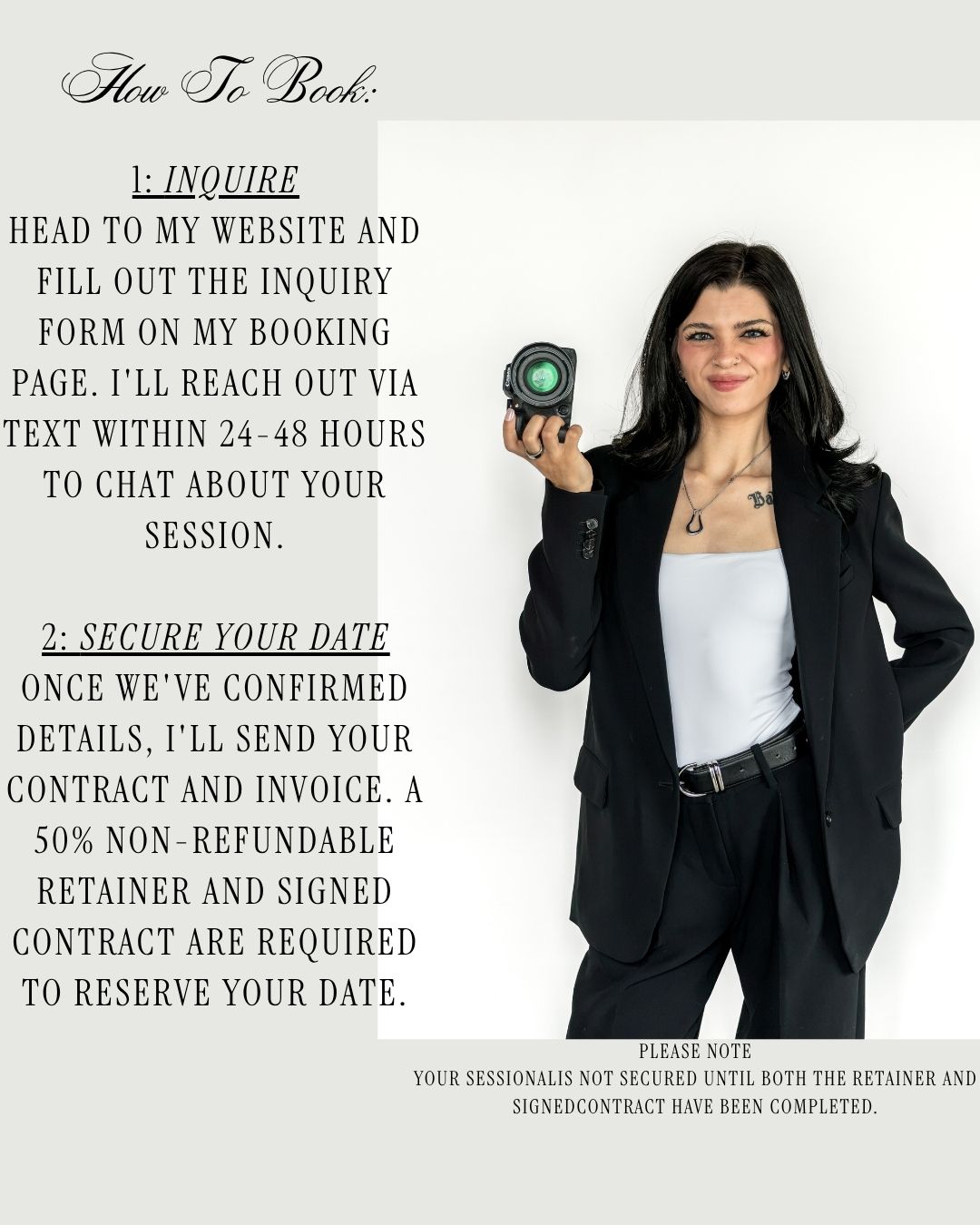 Woman in black suit holding camera beside photography booking instructions text on white background.