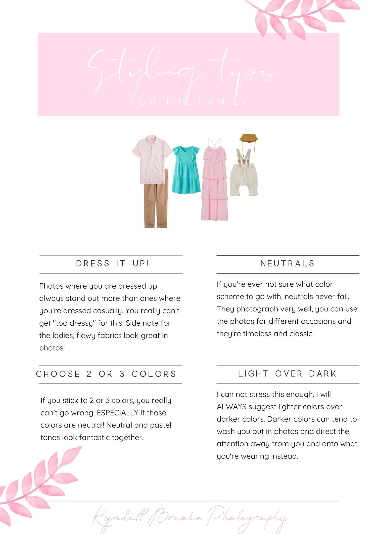 A pastel pink style guide showing four clothing items including dresses, pants, and a romper with text about outfit coordination.