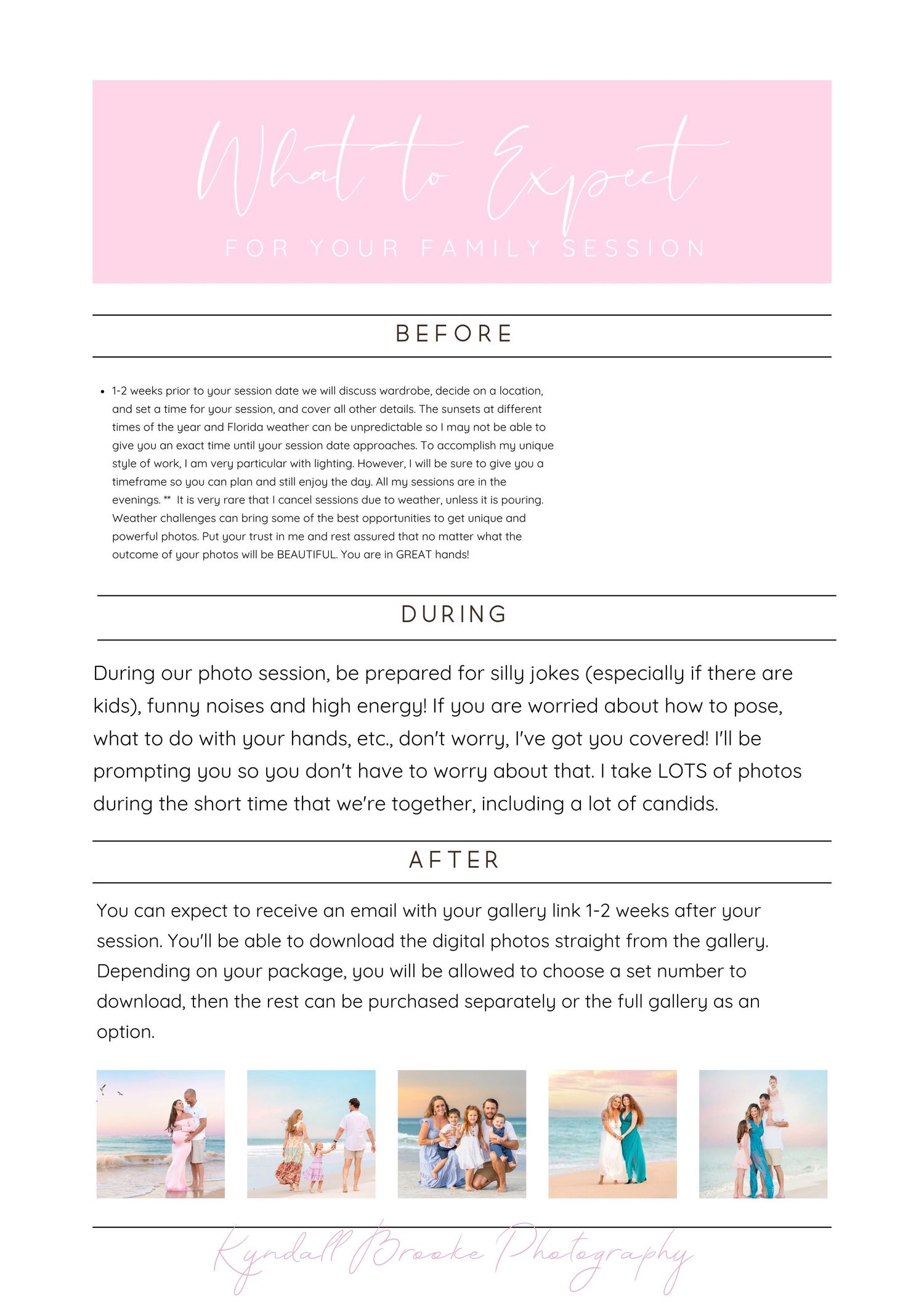 A pink and white photography session info sheet showing before, during, and after instructions with sample photo thumbnails.