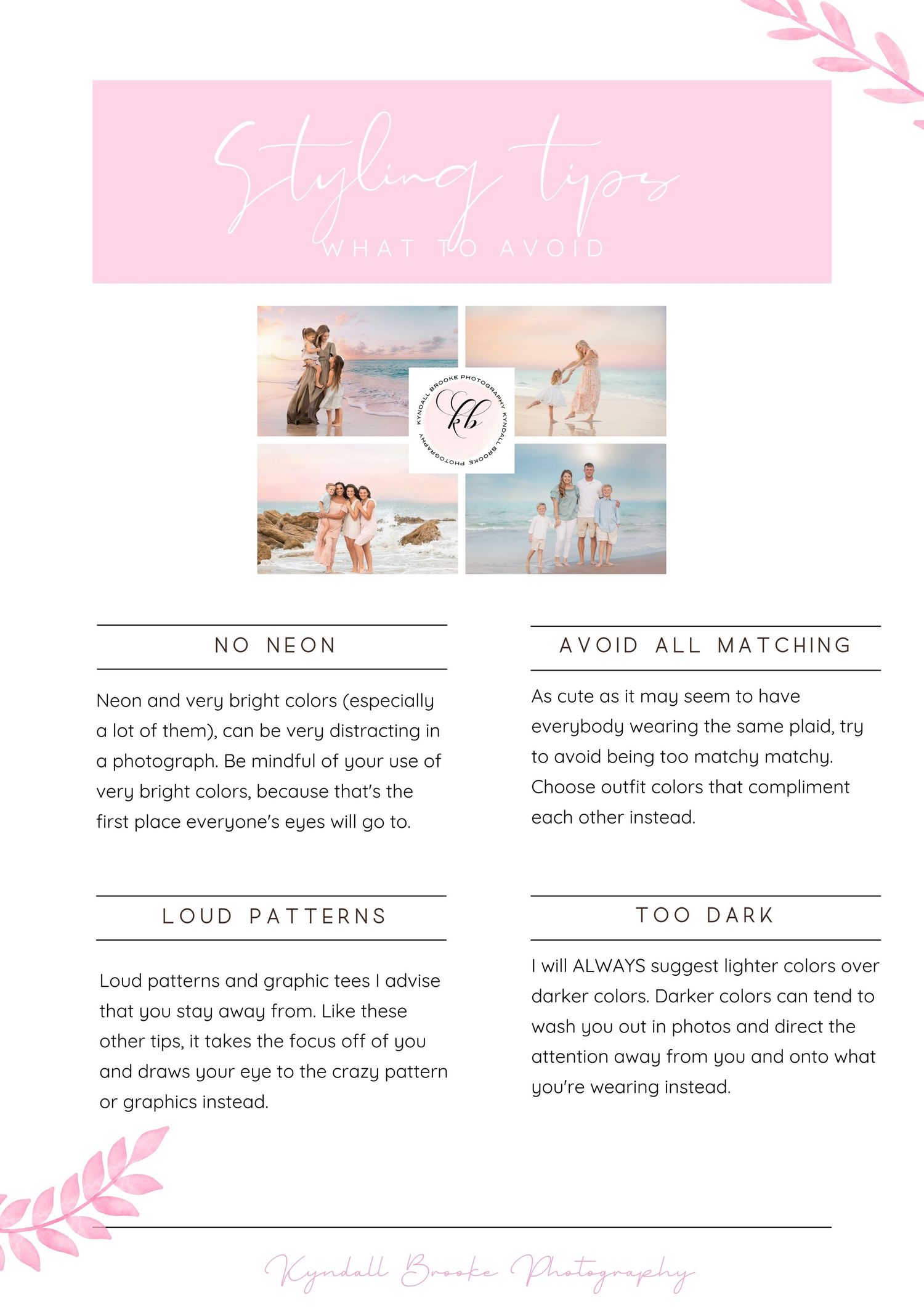 A soft pink photography styling guide with tips on avoiding neon colors and matching, featuring beach photo examples.