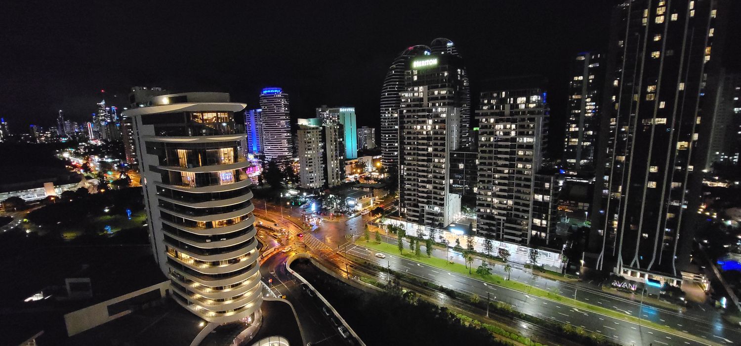 A nighttime overview of the city lights of Broadbeach, Queensland, Australia