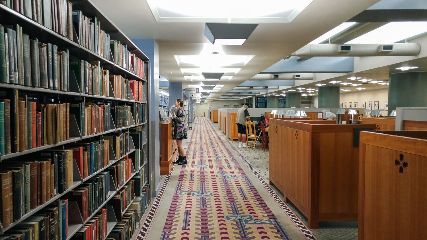 A patron chats with a librarian in a library