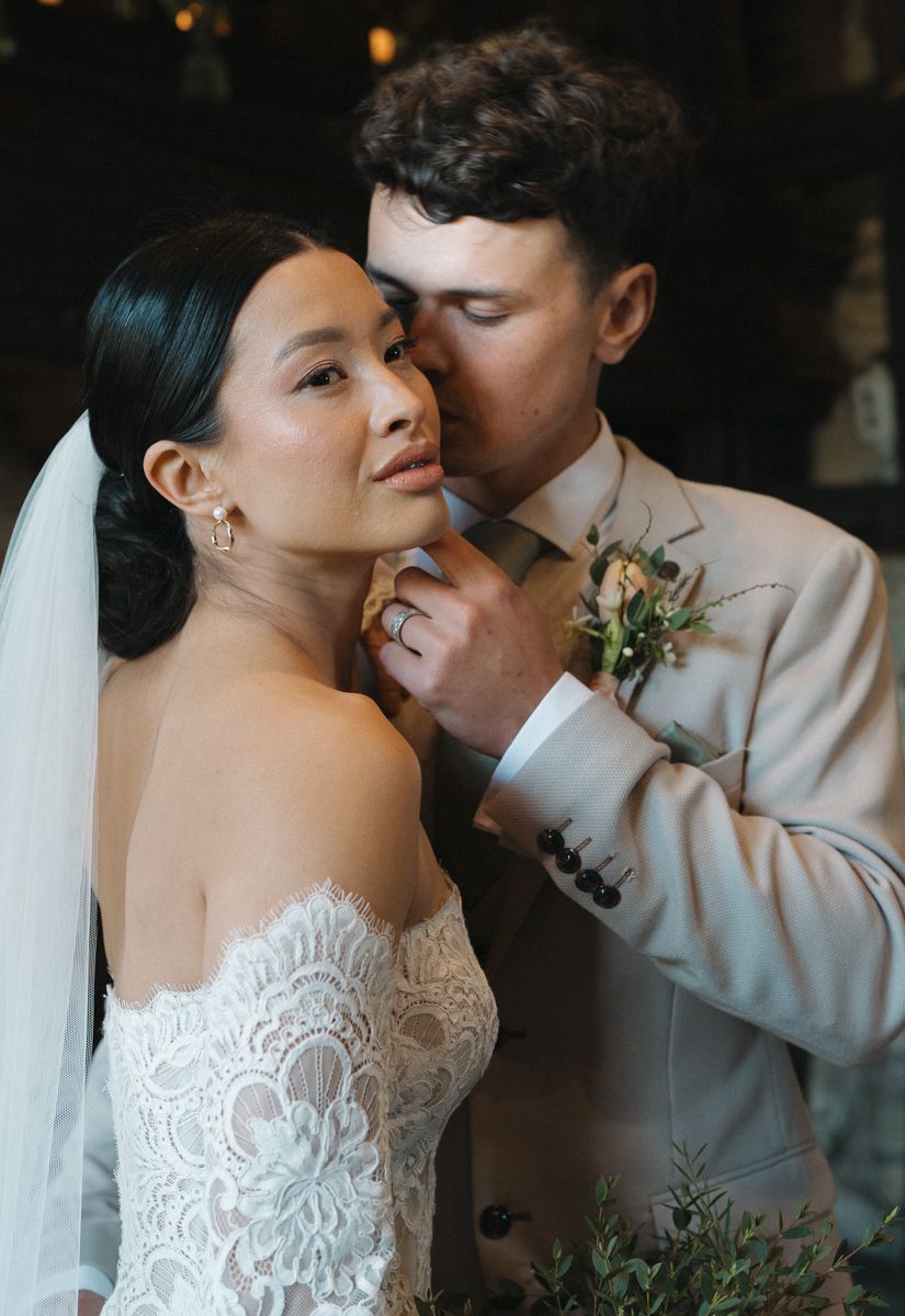 Bride and groom portrait in a church in Peak district - editorial wedding photographer Peak District