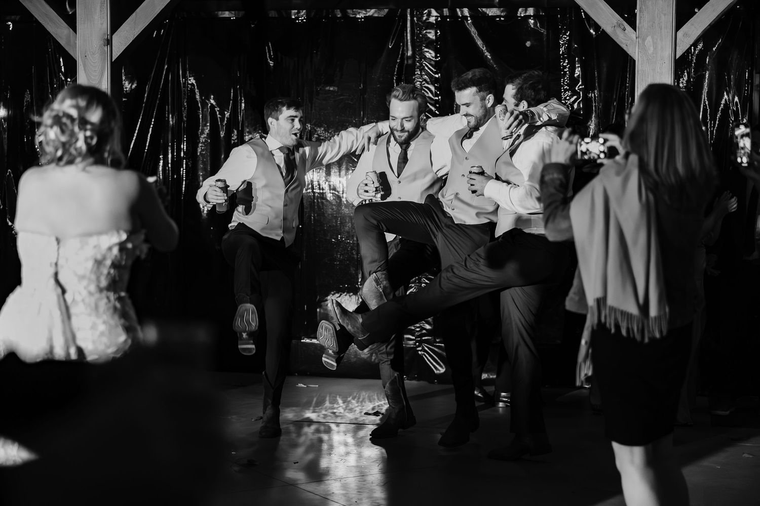 A black and white photo collage showing multiple couples dancing together at what appears to be a social event or party.