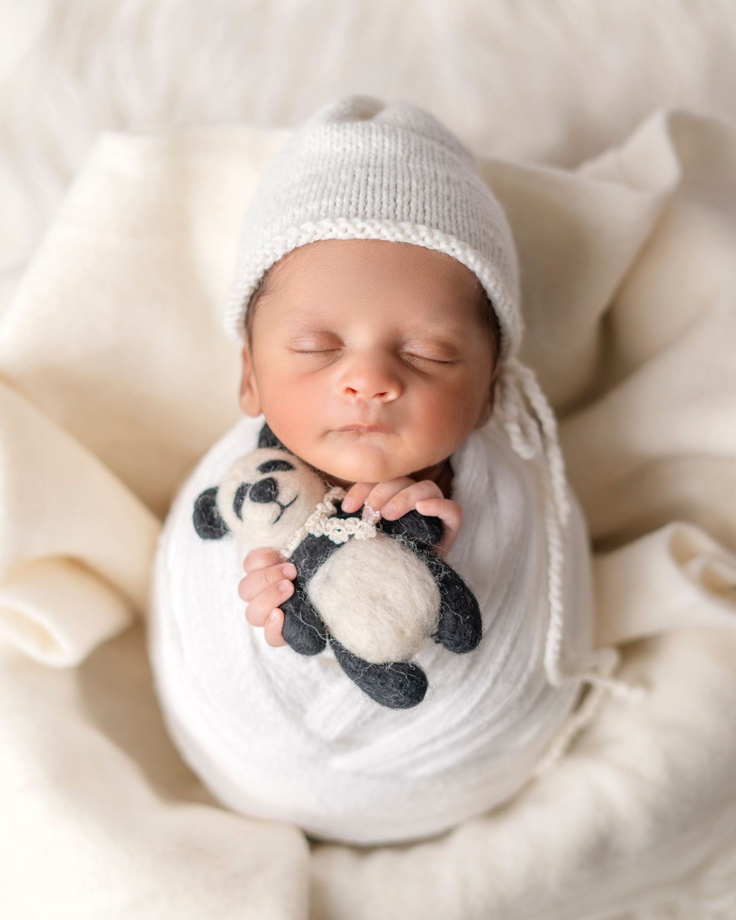 Sleeping newborn wrapped in white with knit hat and small panda toy.