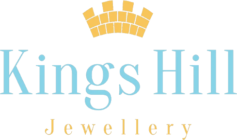 Kings Hill Jewellery logo with gold crown above text in light blue.