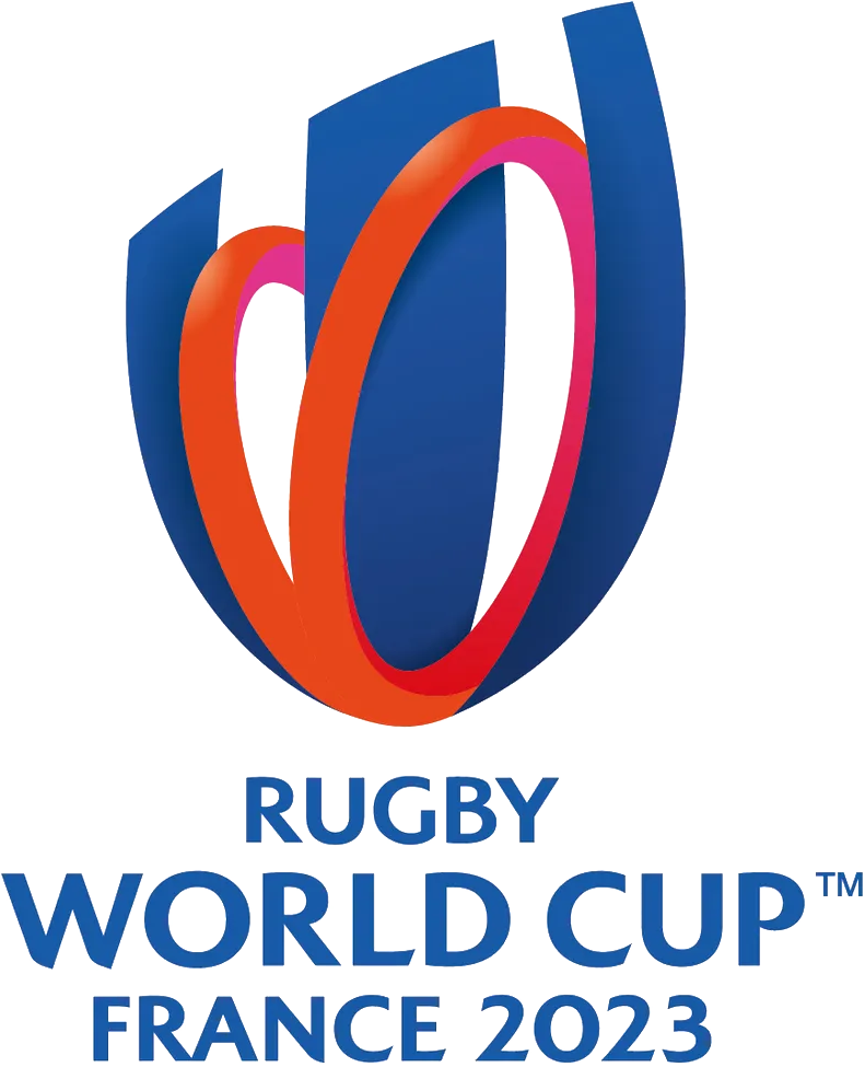 Rugby World Cup France 2023 logo featuring blue and orange curved elements.