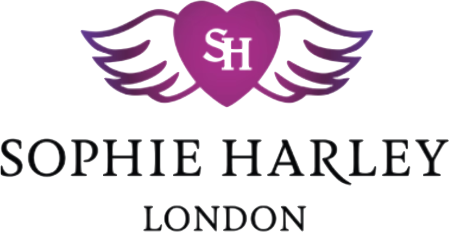 Sophie Harley London logo featuring winged heart design in purple and black.