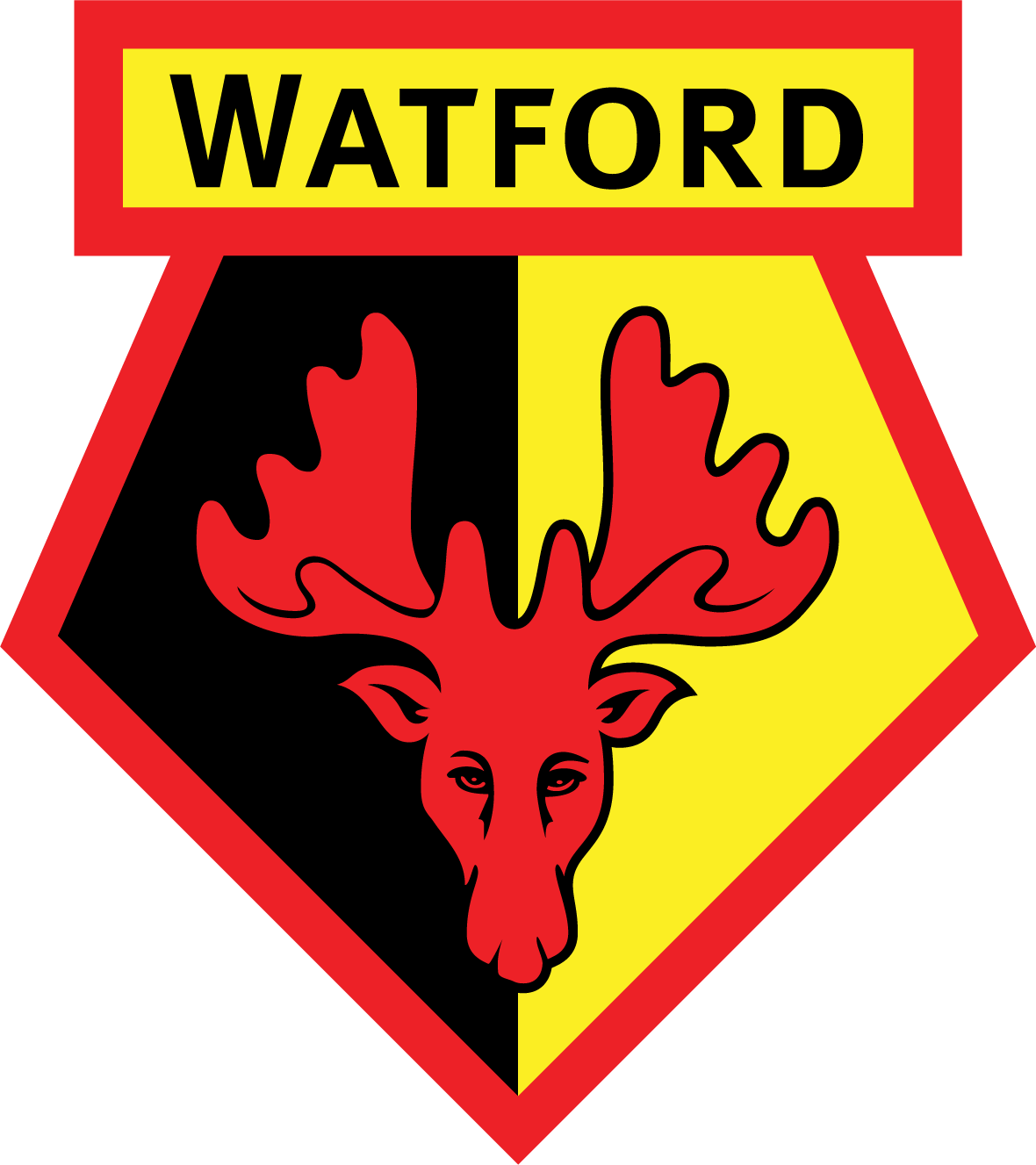 Watford FC club crest featuring a red moose head on yellow and black shield.