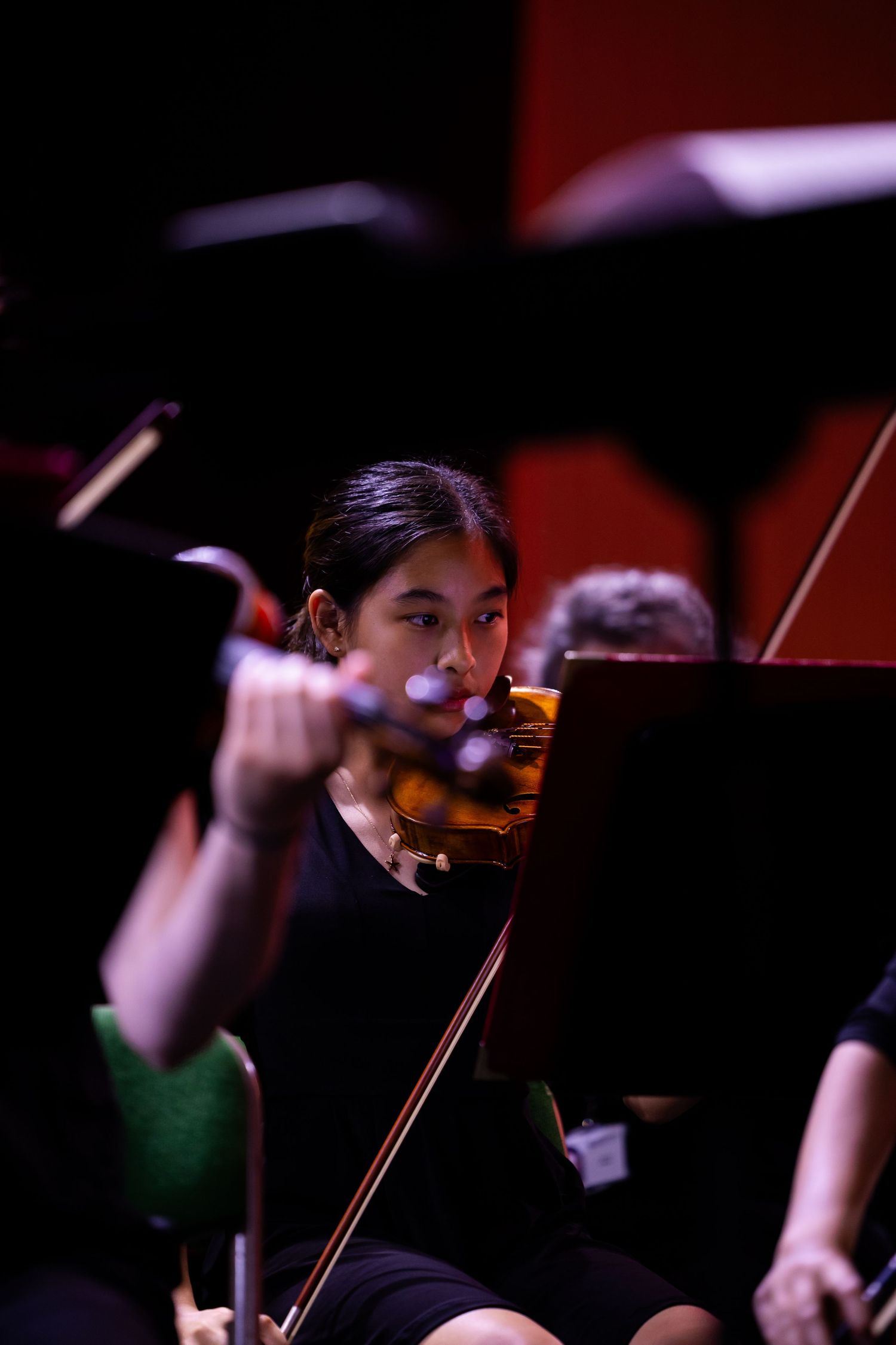 Musicians perform with violins in a darkly lit orchestra setting during a classical music performance.