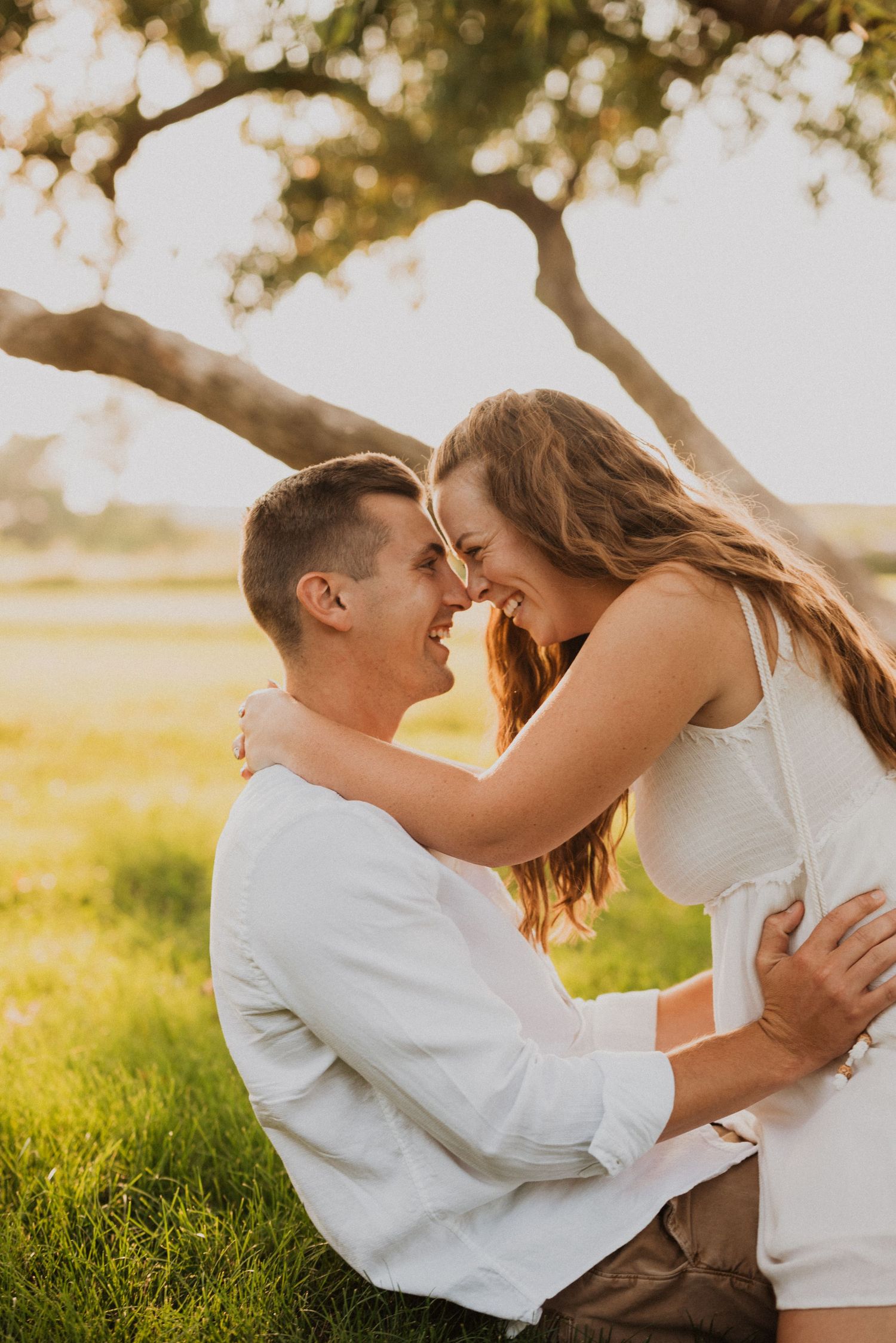 A couple shares an intimate moment in a sunlit field with golden light streaming through trees.