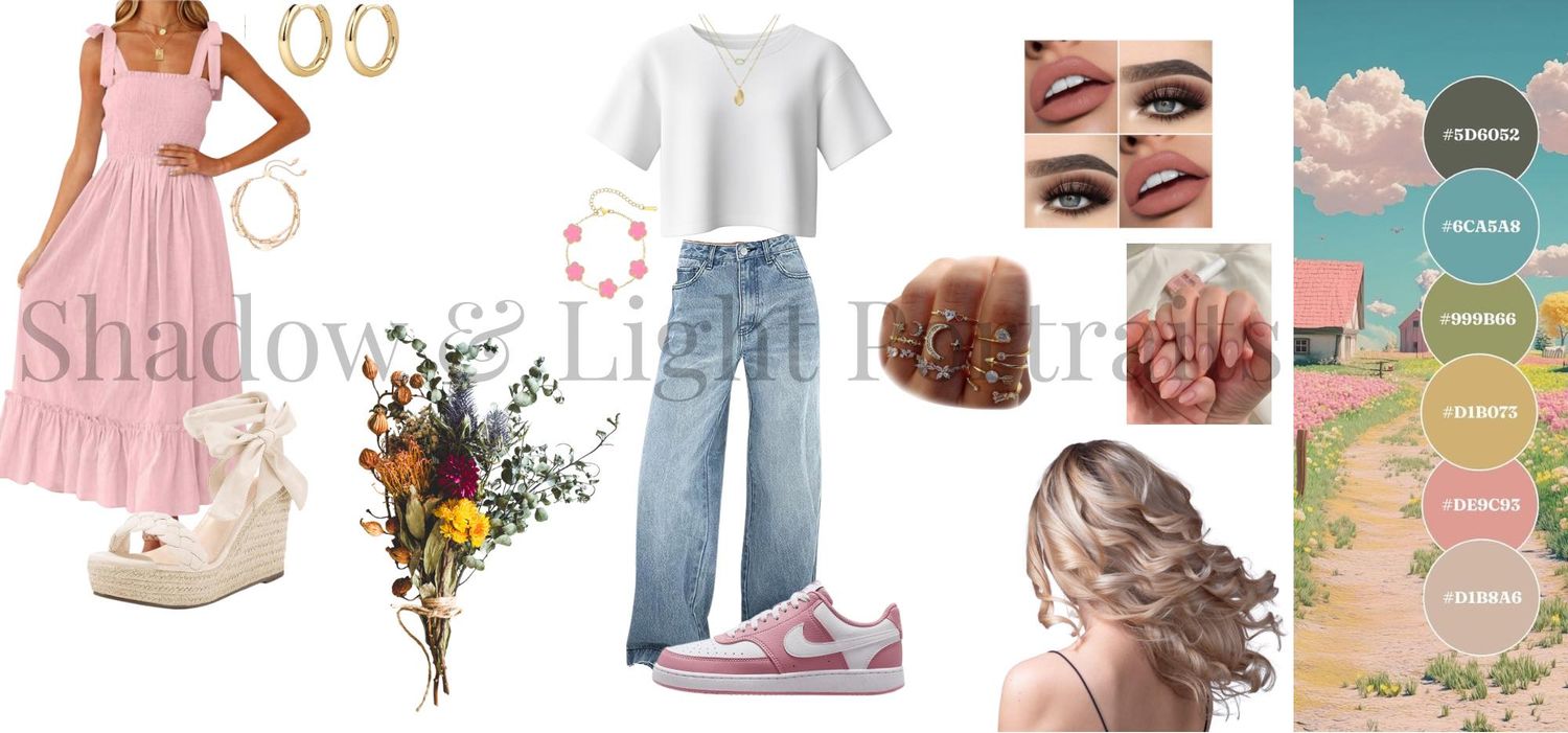 Pink summer outfit collage with maxi dress, crop top jeans, pink sneakers, floral bouquet, and pastel color palette.
