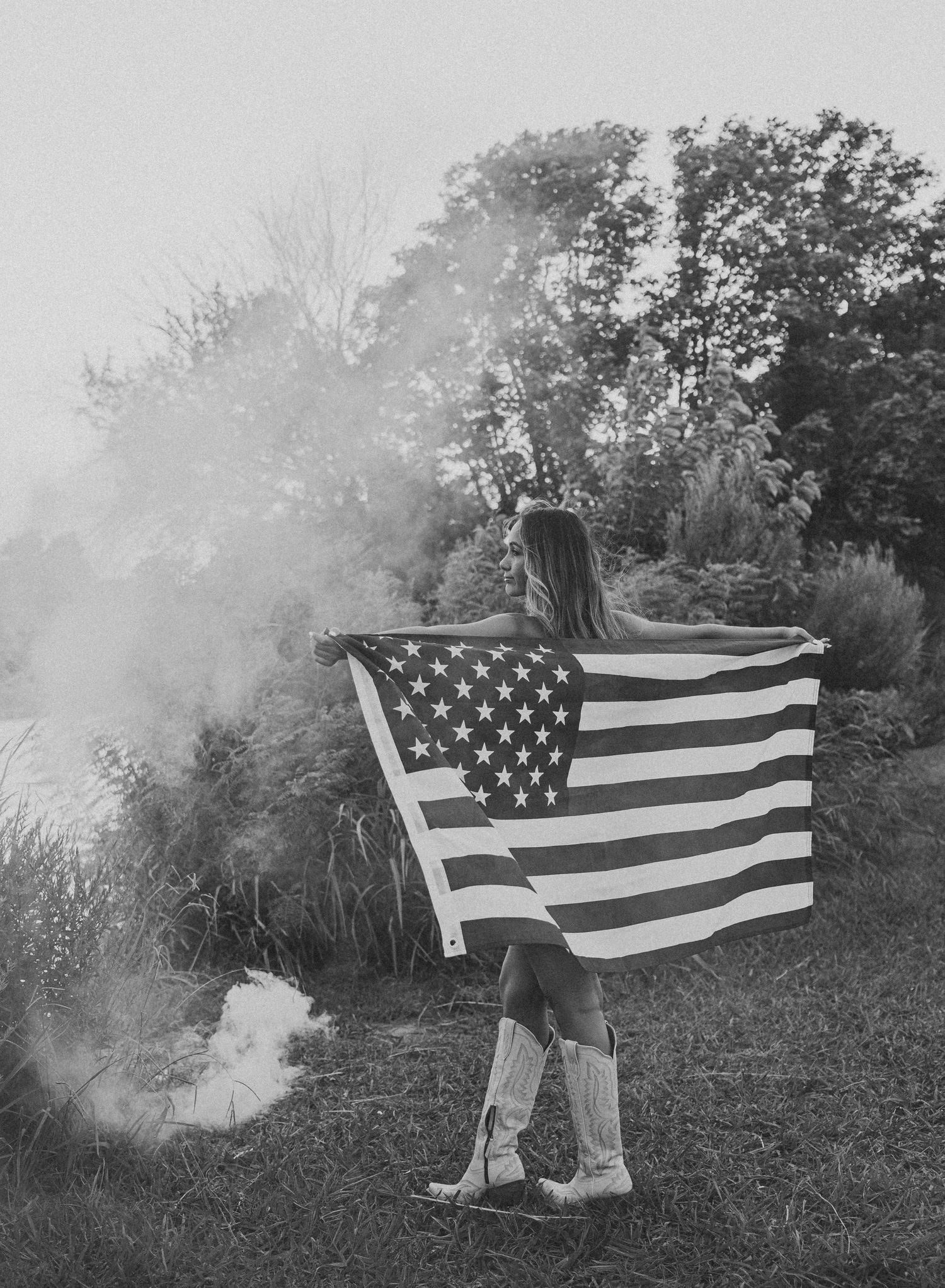 Fourth of July 250th American photoshoot at sunset in Abilene, Texas with firework smoke