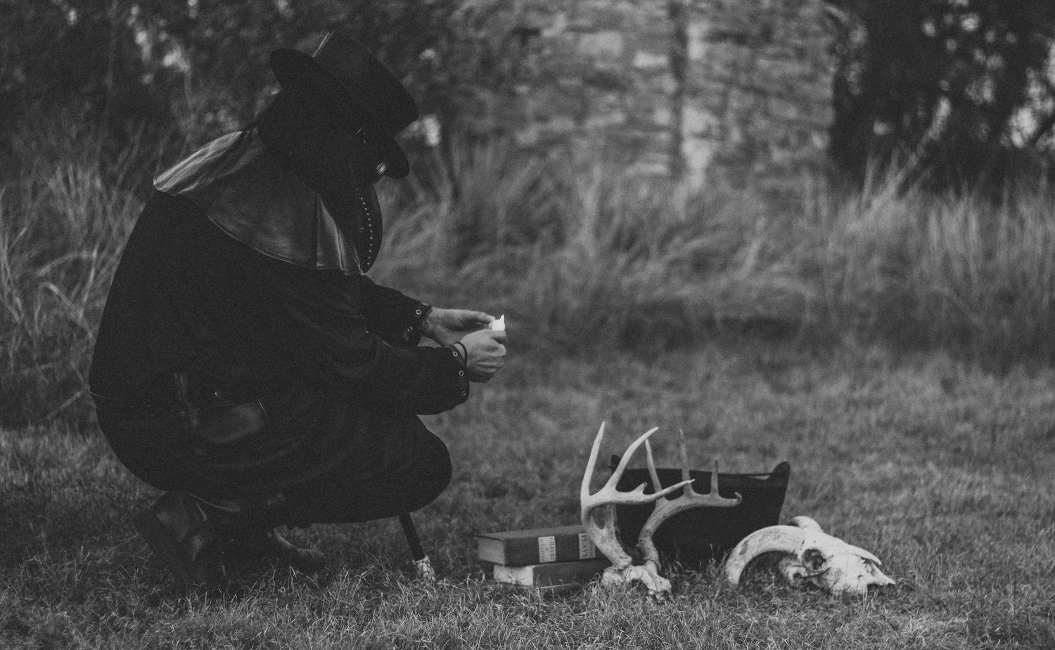 Black and white witchy portrait session in Abilene TX with ritual styling and cinematic storytelling