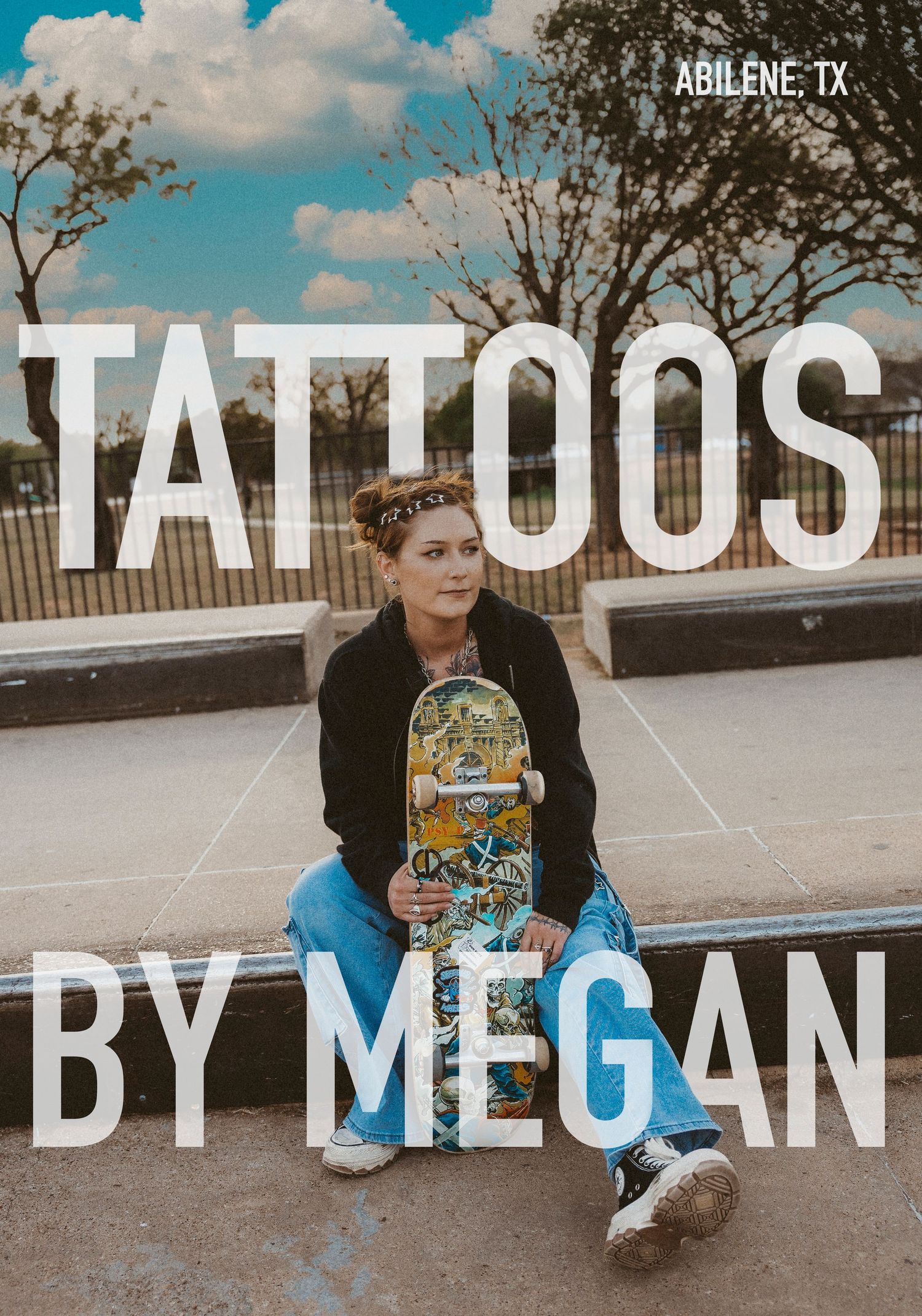 Woman sitting at a skate park in Abilene, TX holding a skateboard, promoting Tattoos by Megan.