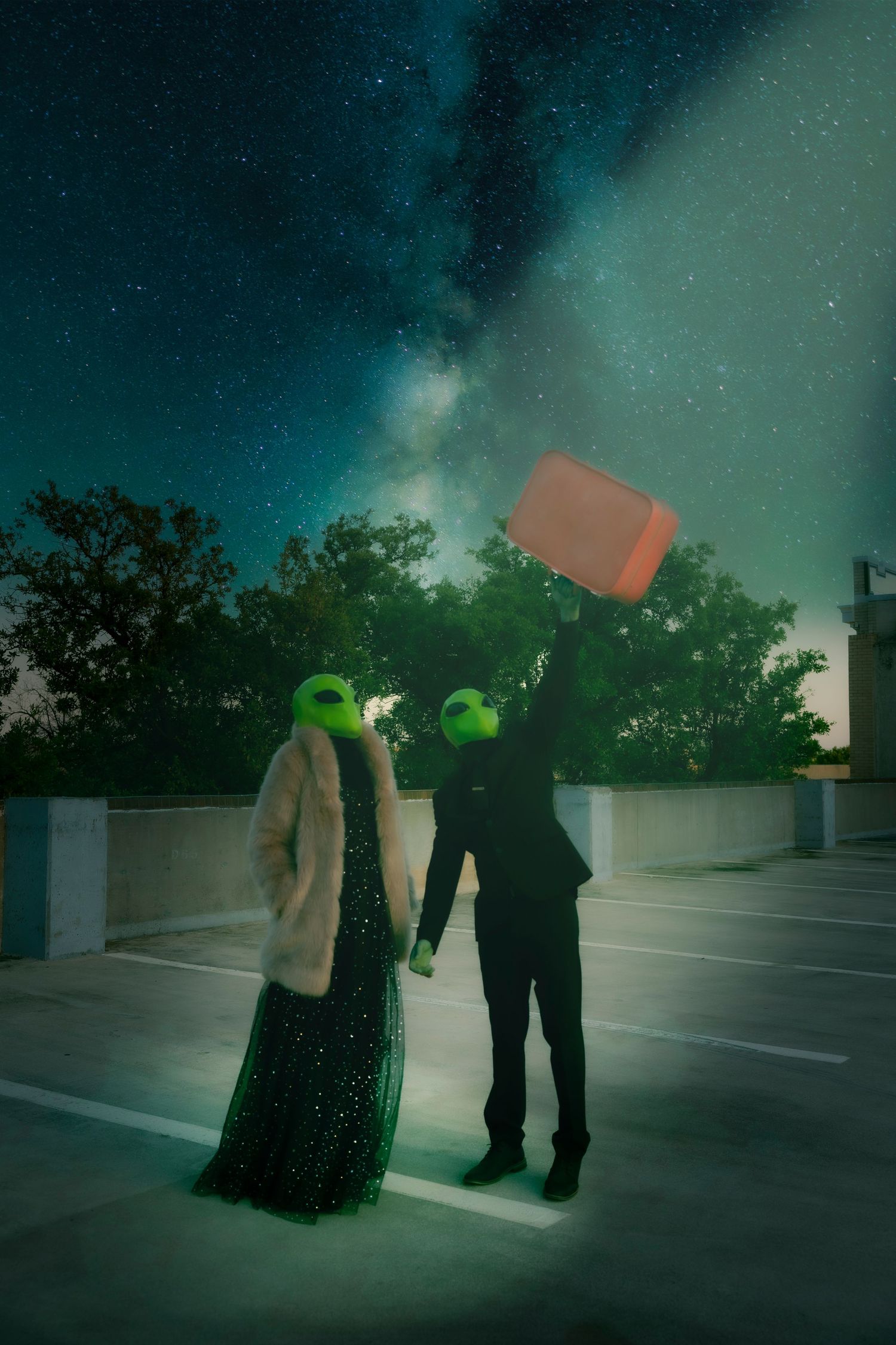 Two figures in alien masks, one in a gown and one in a suit holding a box aloft, stand on a rooftop under a starry sky.