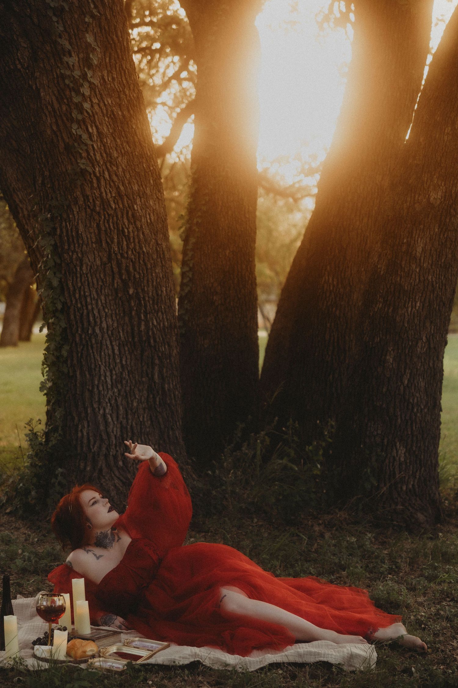 creative styled princess photoshoot in Abilene, Texas at golden hour with grapes