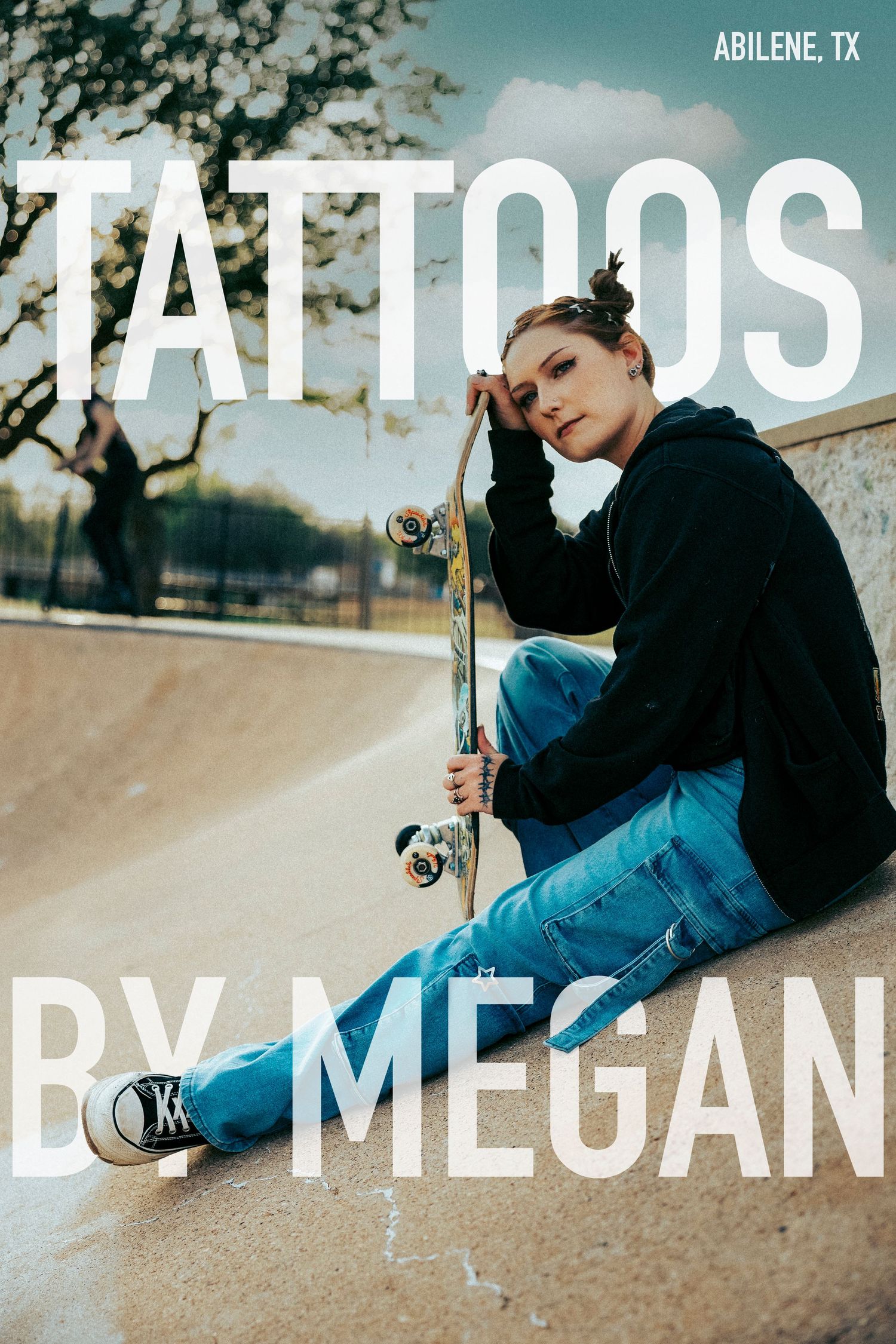 Young woman holding a skateboard at a skate park promoting Tattoos by Megan in Abilene, TX.