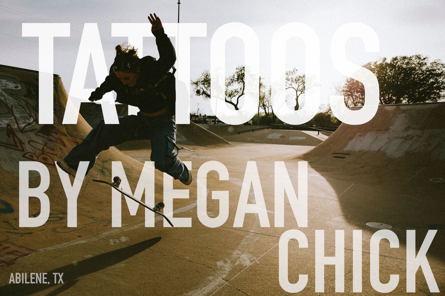 Skateboarder performing a trick at an outdoor skate park in Abilene, TX, featured in Tattoos by Megan Chick.