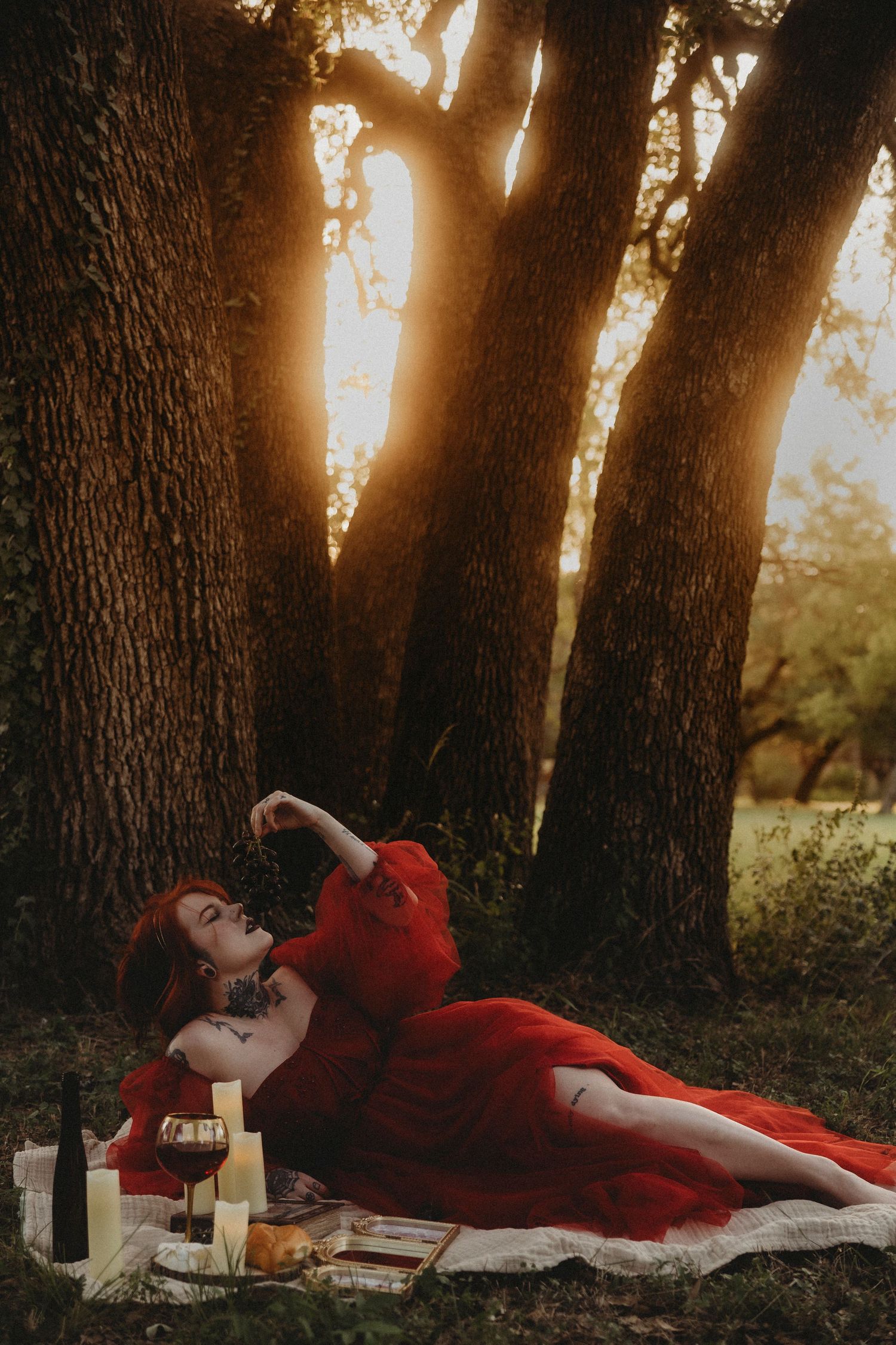 styled princess photoshoot in Abilene, Texas at golden hour with grapes