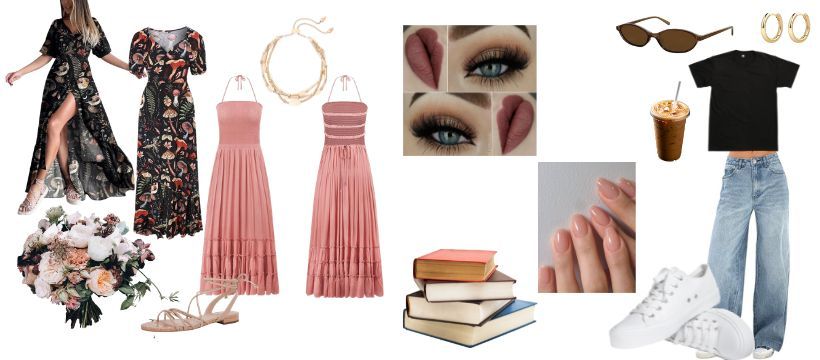 A curated collection of fashion items including dresses, jeans, shoes, bags and accessories arranged in a mood board style.