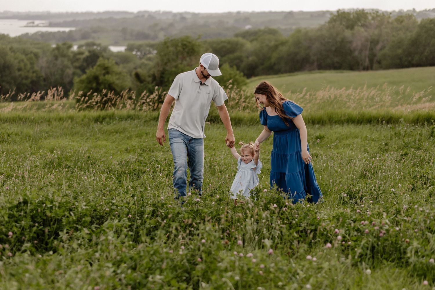 Family of three walking through green meadow, parents holding toddler's hands, woman in blue dress, scenic outdoor setting.
