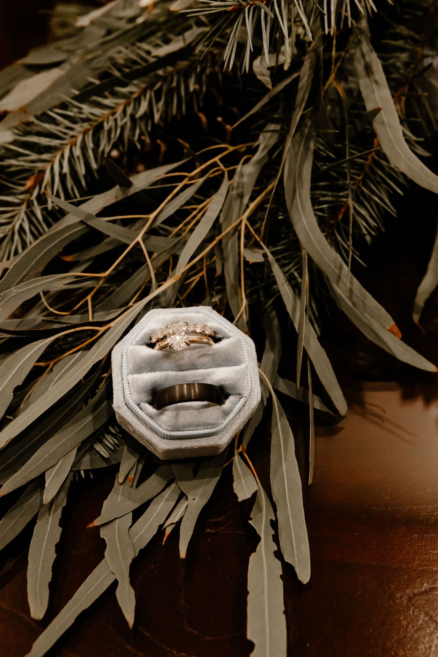 Wedding rings displayed on white fabric with eucalyptus leaves in dark moody lighting.