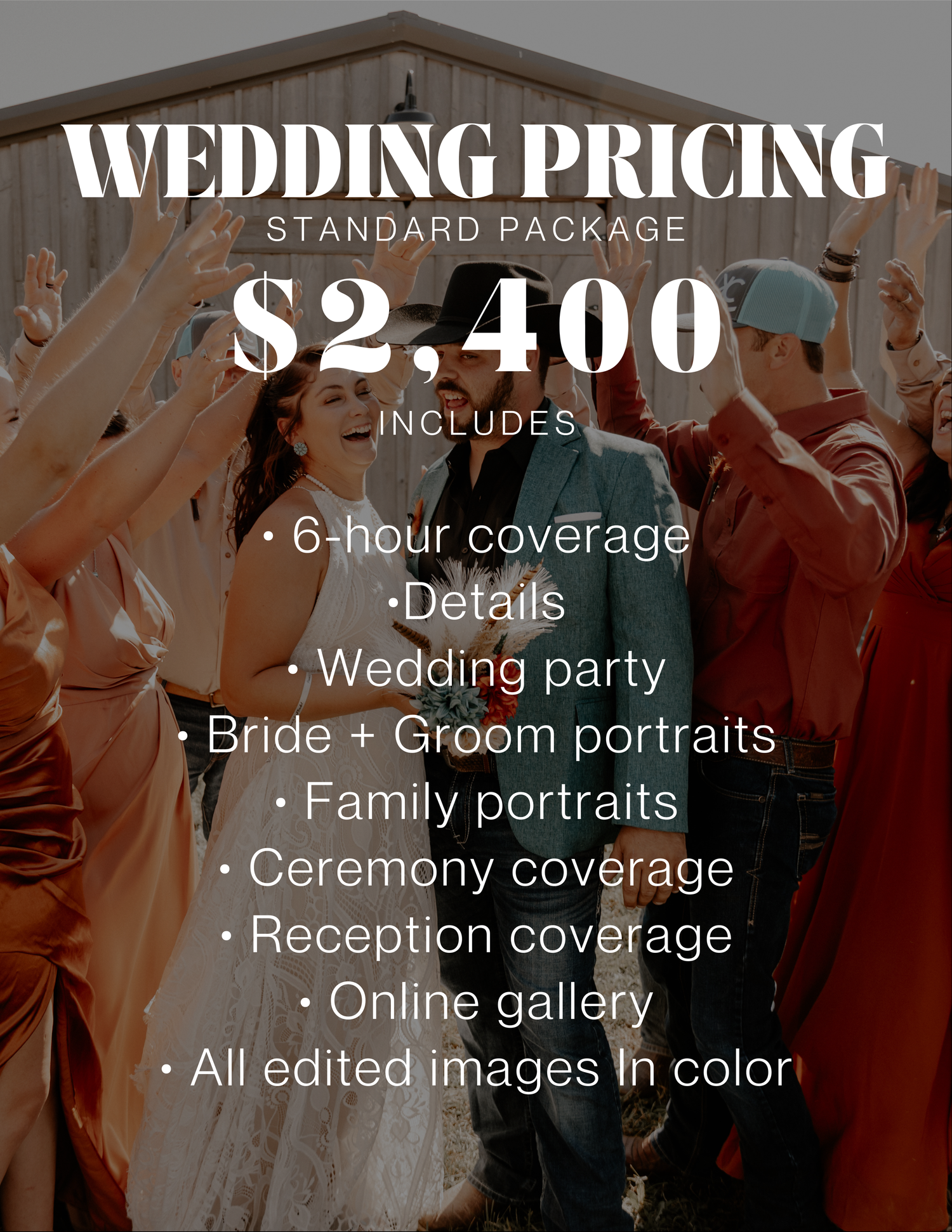 Wedding photography pricing banner showing package details and costs against a blurred background of a wedding celebration.