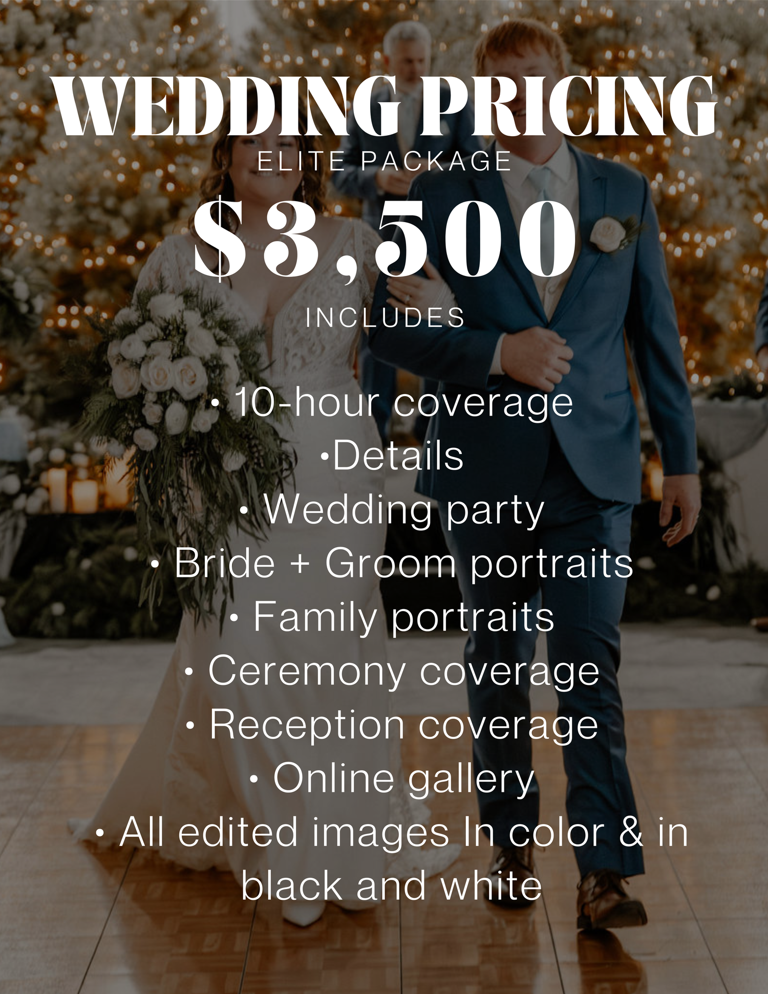 Wedding photography pricing package details displayed over blurred romantic outdoor background with autumn colors.