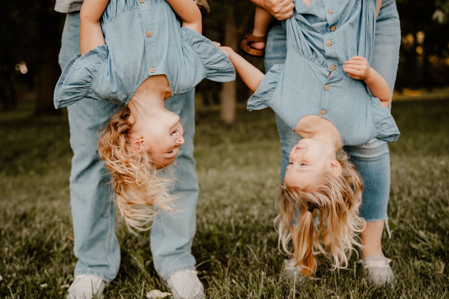 Candid shots of family members playing and interacting in casual denim outfits outdoors.