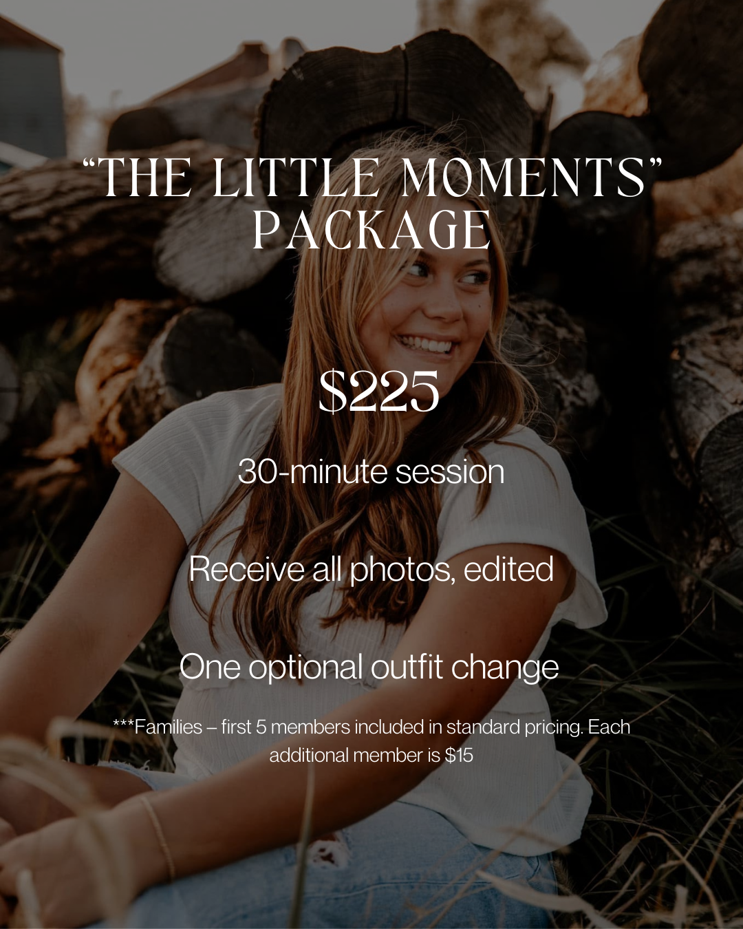 A photography package promotion showing pricing details and session information for 'The Little Moments' at $225.