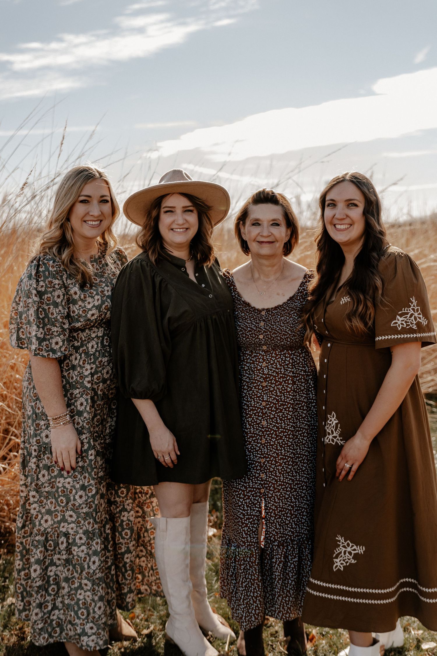Group photo series of women in floral dresses against natural landscape.