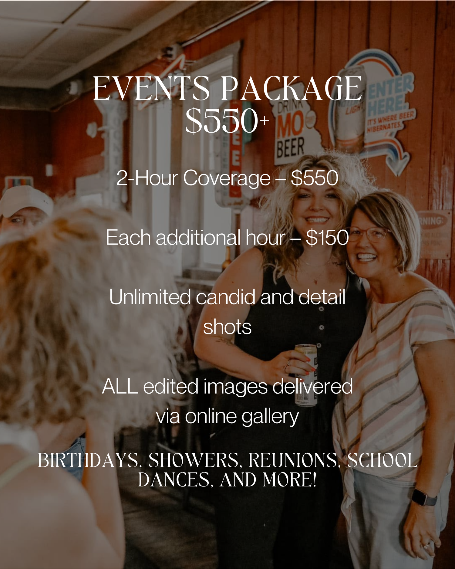 Photography event package pricing details with pricing for 2-hour coverage and additional hours displayed on a blurred background.